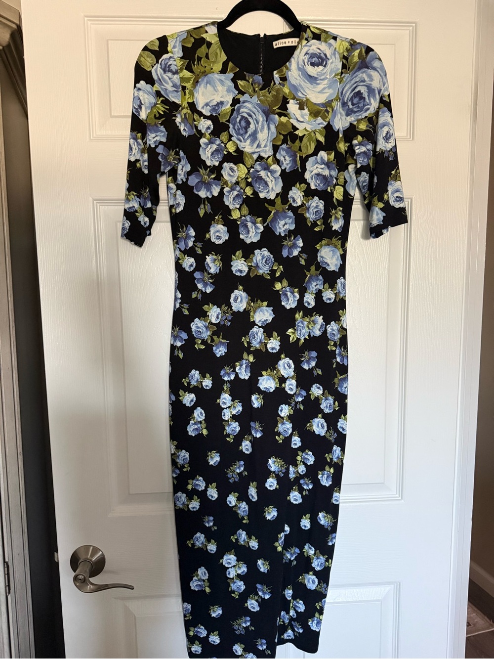Alice + Olivia Black Midi Dress with Blue Rose Print